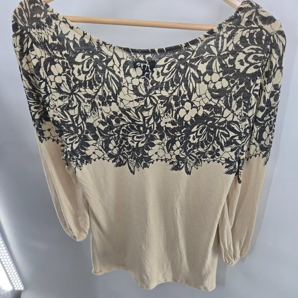 Deletta x Anthropologie Cream Black Floral Elastic Cuff Blouse Size Medium - Picture 2 of 14